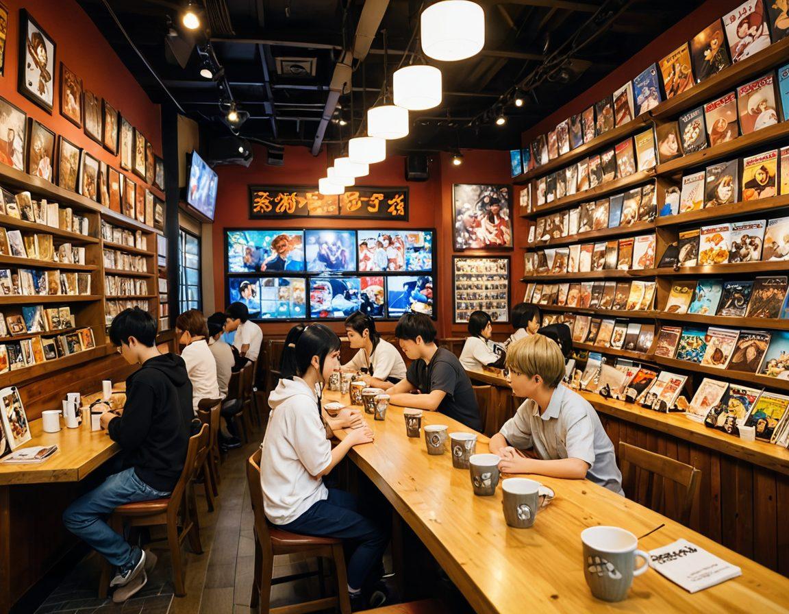 A vibrant scene depicting a cozy manga cafe filled with shelves of colorful anime books and posters. A group of diverse anime fans discussing their favorite series, with glowing screens displaying anime clips in the background. Include elements like plush toys, steaming cups of ramen, and vibrant anime character art. The atmosphere is warm and inviting, conveying a sense of community and passion for anime. super-realistic. vibrant colors. inviting ambiance.