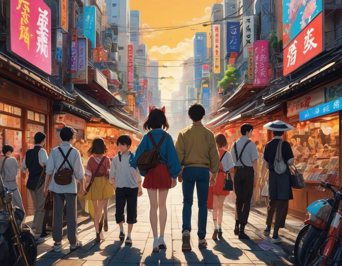 A dynamic collage featuring iconic anime characters in vibrant colors, showcasing various genres from action to romance. Include elements like a bustling anime convention, fans in cosplay, and manga books scattered around. A backdrop of colorful Japanese cityscapes adds to the lively atmosphere. The overall feel should be energetic and inviting, capturing the essence of the anime community. super-realistic. vibrant colors.