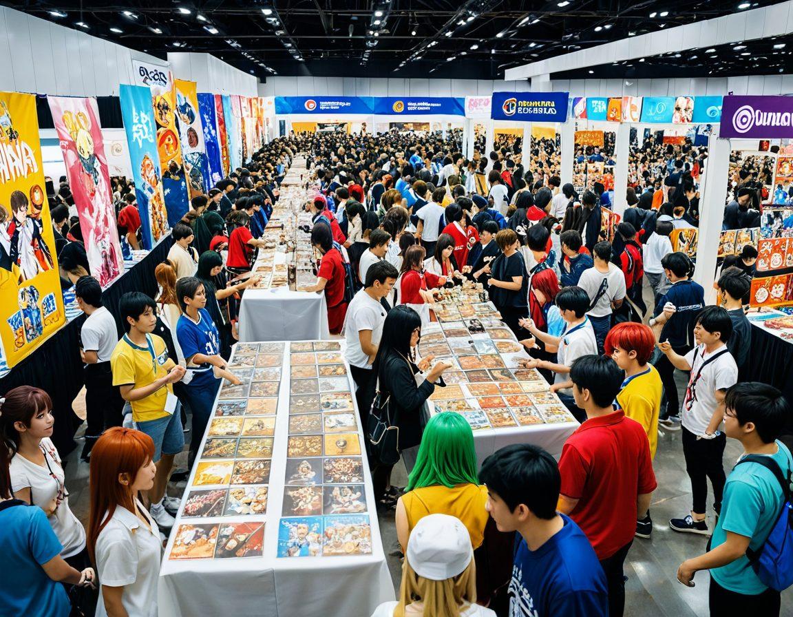 A lively scene depicting a diverse group of anime fans in a vibrant convention hall, surrounded by colorful banners and booths showcasing anime merchandise. In the foreground, a friendship circle forms with fans exchanging collectibles, while in the background, an exciting stage features a cosplay competition. Bright colors radiate through the image, capturing the joyful spirit of otaku culture. super-realistic. vibrant colors. 3D.